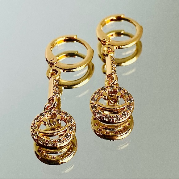 18K Gold Filled Smile Hoop Dangle Drop Earring Clear Cubic Zircon CZ Smiley - Picture 2 of 14